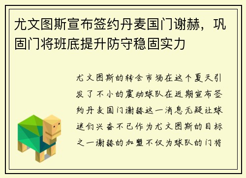 尤文图斯宣布签约丹麦国门谢赫，巩固门将班底提升防守稳固实力