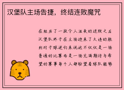 汉堡队主场告捷，终结连败魔咒