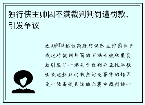 独行侠主帅因不满裁判判罚遭罚款，引发争议