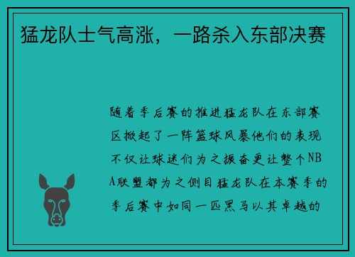 猛龙队士气高涨，一路杀入东部决赛